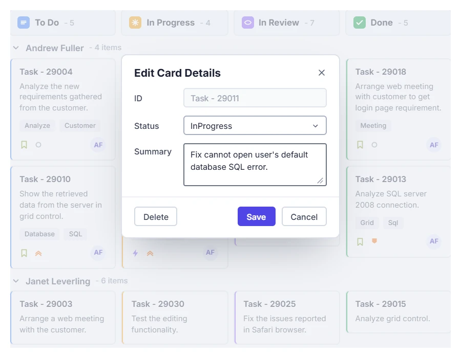 Kanban card editing and dialog