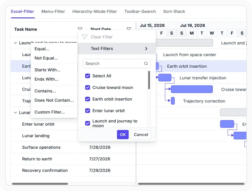 Filtering in React Gantt Chart.