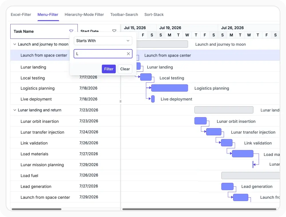 React Gantt Chart filtering with Menu filter