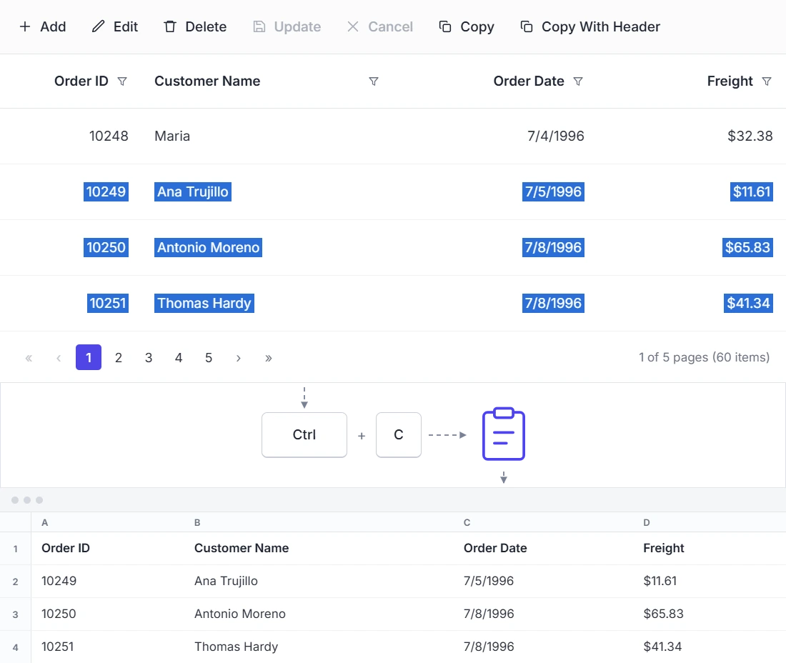 Copy selected data in the Data Grid.