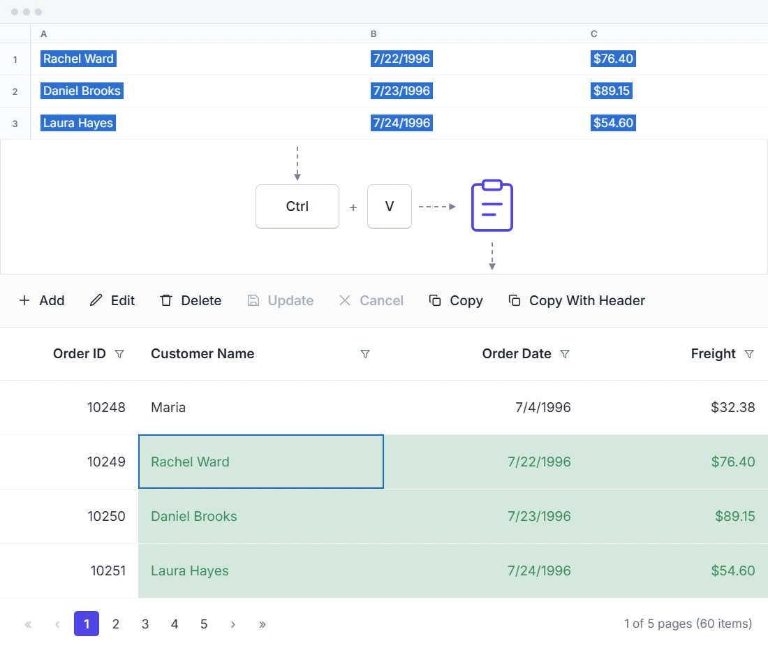 Paste data in the Data Grid.