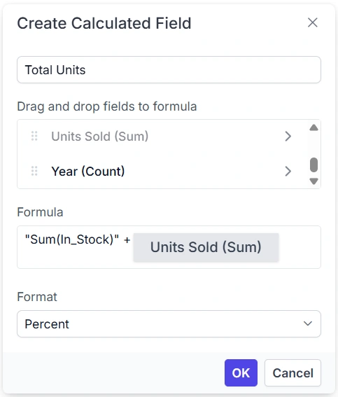 Formula builder UI for drag-and-drop construction.
