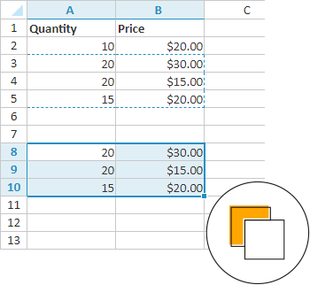 clipboard operations spreadsheet control