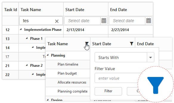 Column filtering support in tree grid