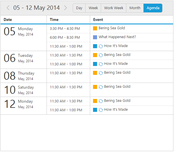 Agenda View in jQuery Event Calendar