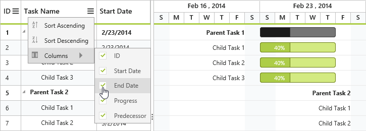 Column chooser in JSP Gantt Chart