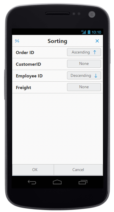 Shown sort dialog in mobile layout.