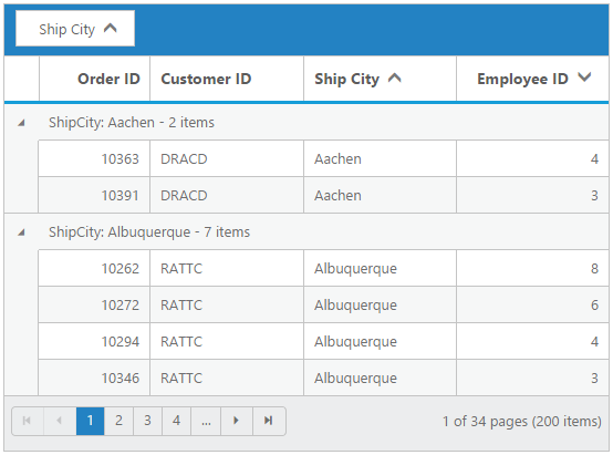 Shows a grid with sorted and grouped columns.