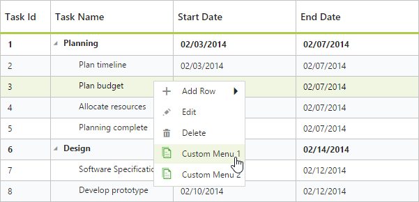 Custom context menu support in JSP TreeGrid