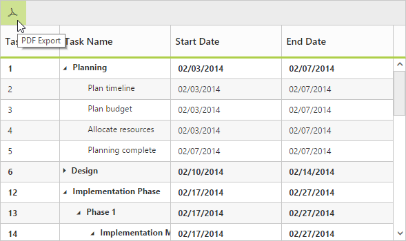 Exporting support in JSP TreeGrid