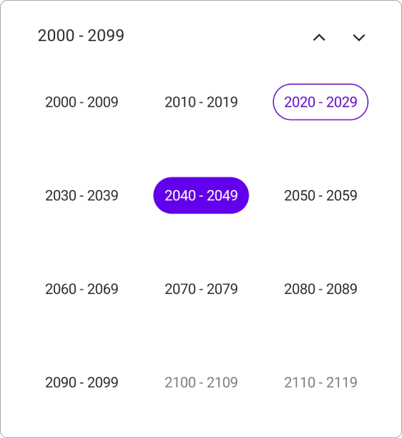 Century view single selection in .NET MAUI Calendar.