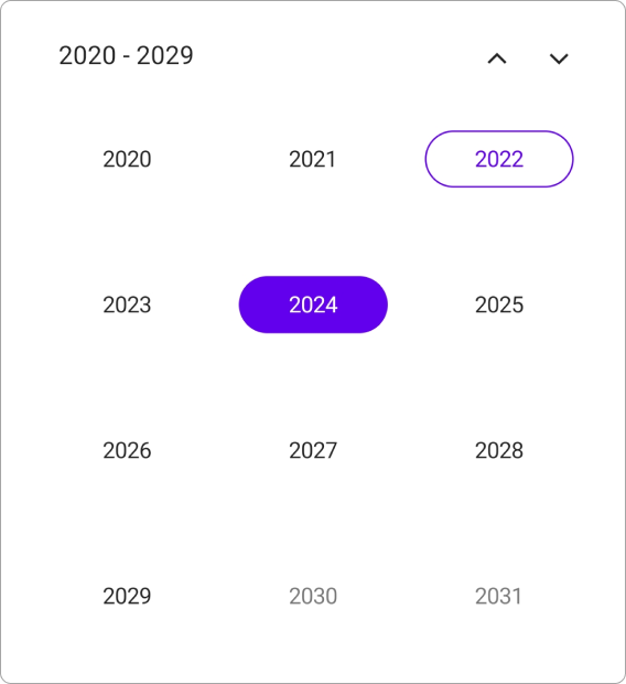 Decade view single selection in .NET MAUI Calendar.