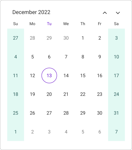 Weekend days highlighted in .NET MAUI Calendar.