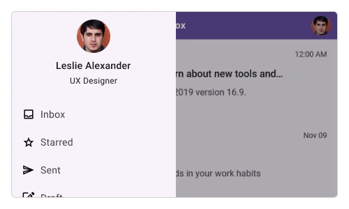 .NET MAUI Navigation Drawer control with header view.