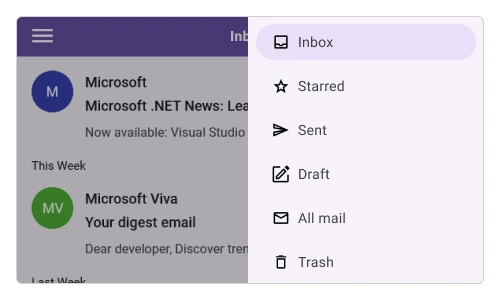 The .NET MAUI Navigation Drawer control is positioned at the right.