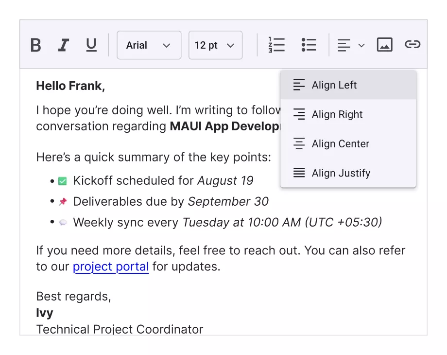 .NET MAUI Rich Text Editor provides Text Alignment support.