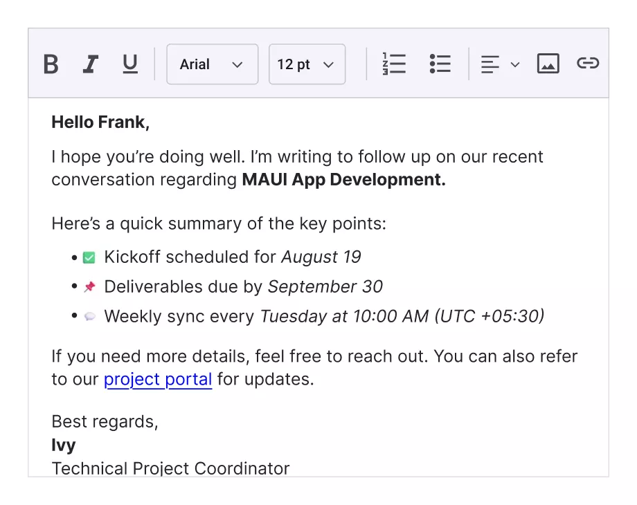 .NET MAUI Rich Text Editor formatting options.
