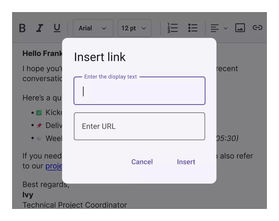 .NET MAUI Rich Text Editor provides hyperlink support.