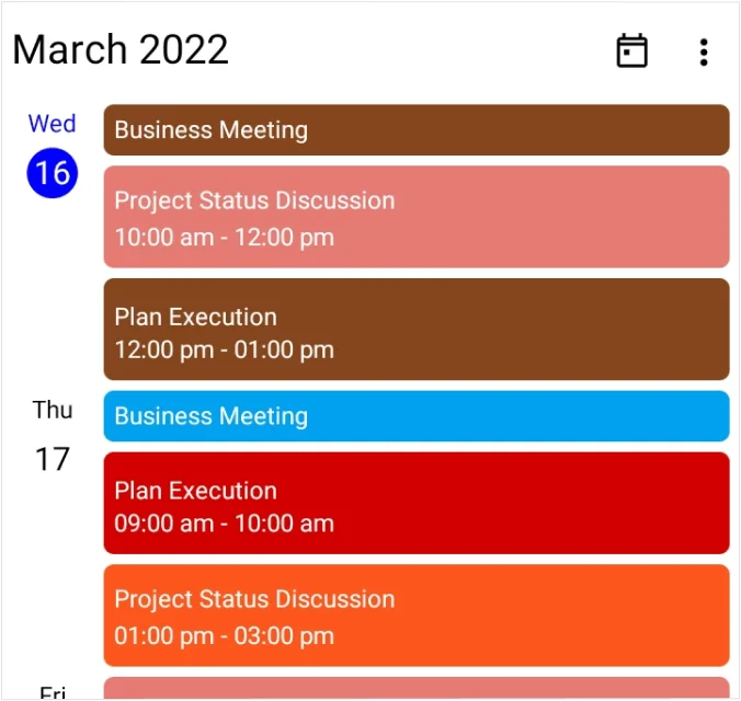 Agenda view appointments in the .NET MAUI Scheduler.