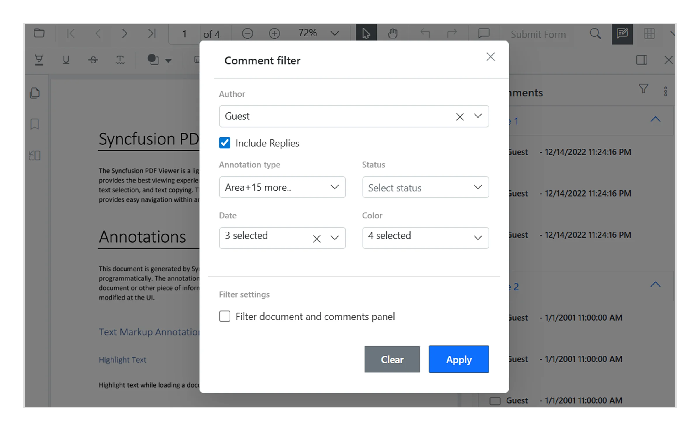 Angular PDF Viewer Filter annotation comments
