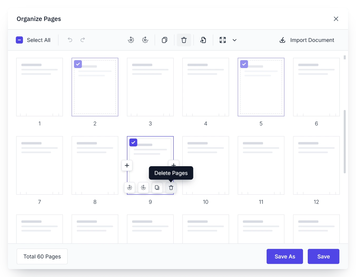 Delete PDF pages in the page organizer.