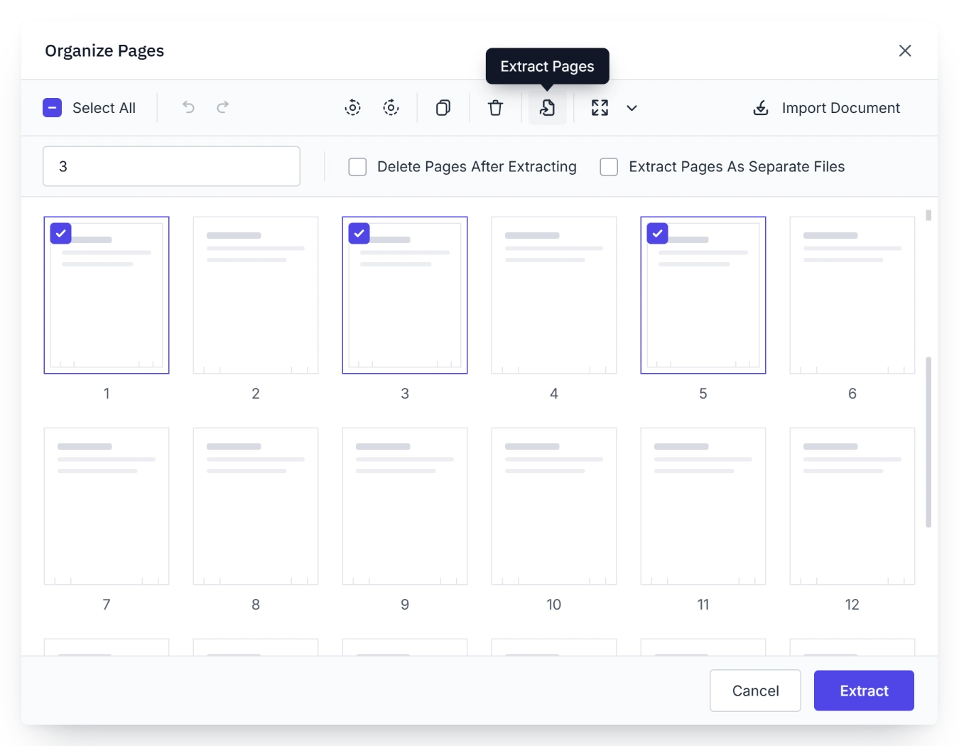 Extract PDF pages into a new document.