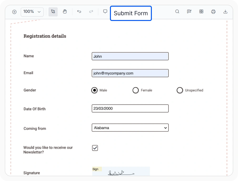 Form data export in the Syncfusion React PDF Viewer
