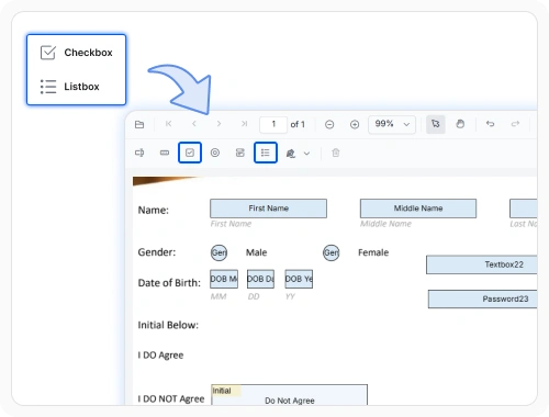Checkbox and list box form fields