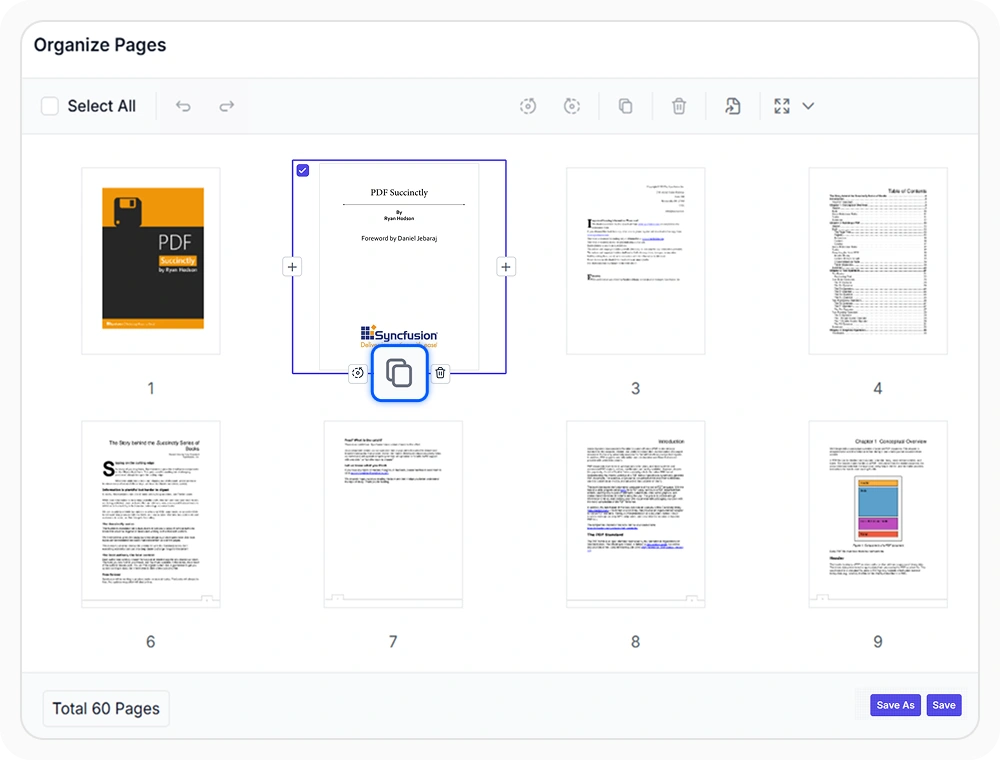 React PDF Viewer page organizer showing a duplicated page placed