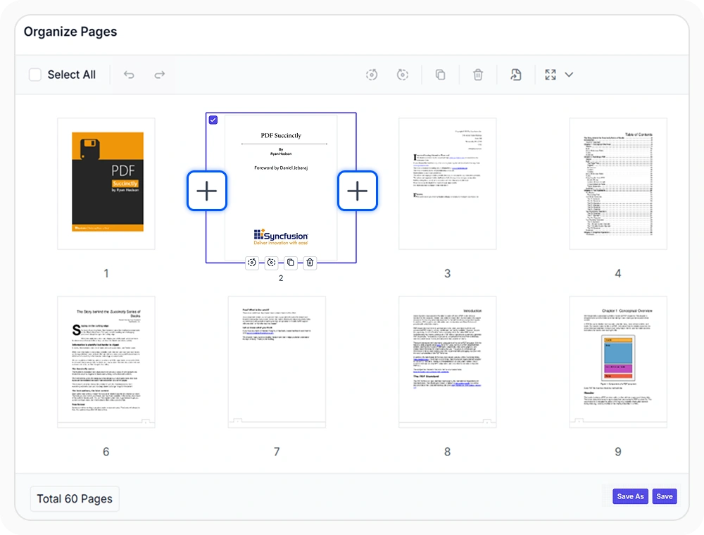 React PDF Viewer page organizer showing blank page insertion