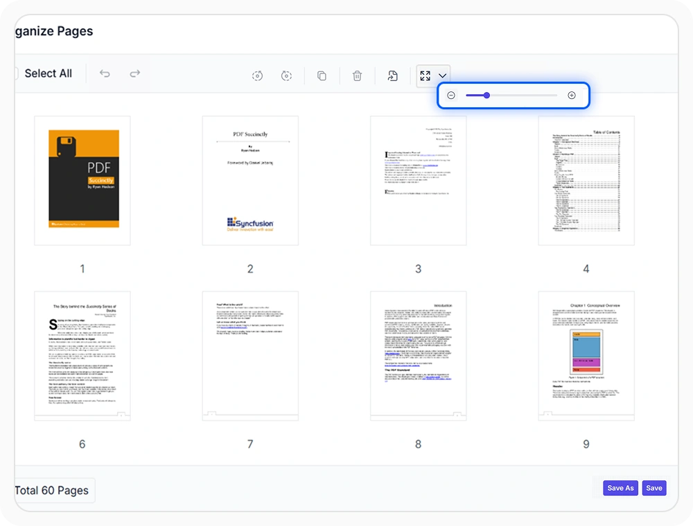 React PDF Viewer organizer with zoom controls, showing enlarged page thumbnails