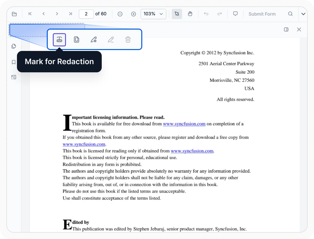 Interactive toolbar redaction in React PDF Viewer