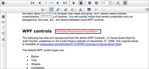 Add text boxes to PDF files using WPF PDF Viewer.