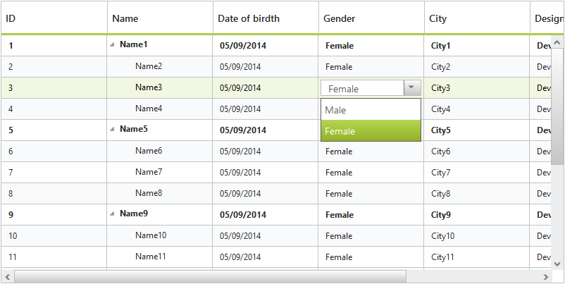 Dropdown editing in PHP Tree Grid