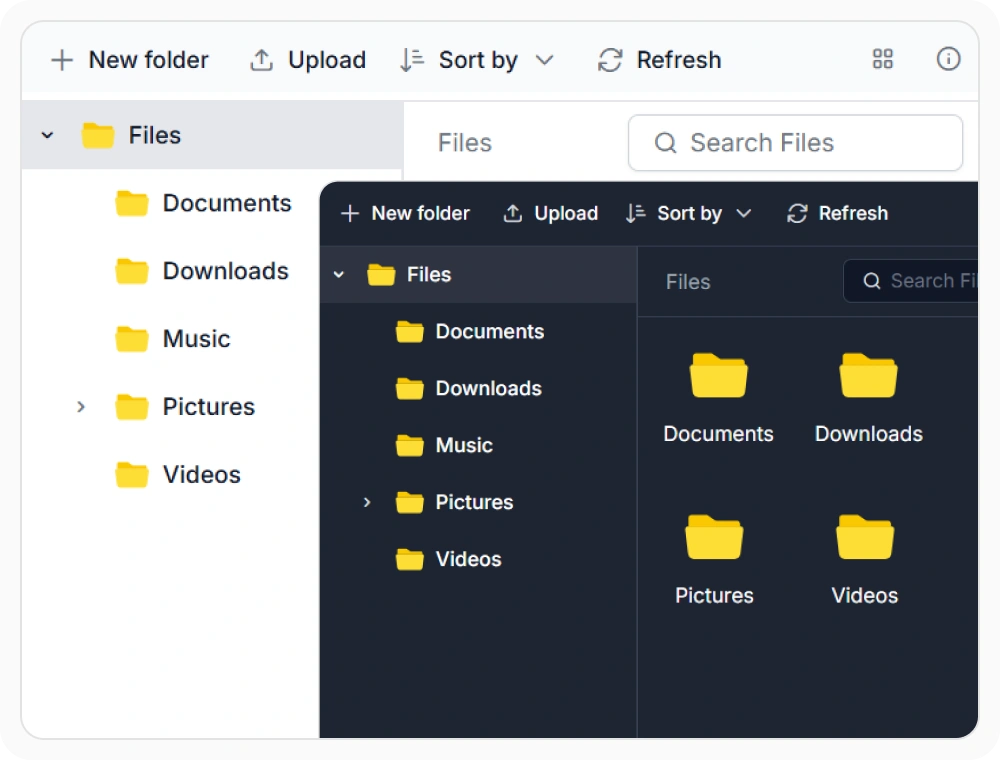 Built-in Syncfusion theme packages with light and dark variants for React File Manager