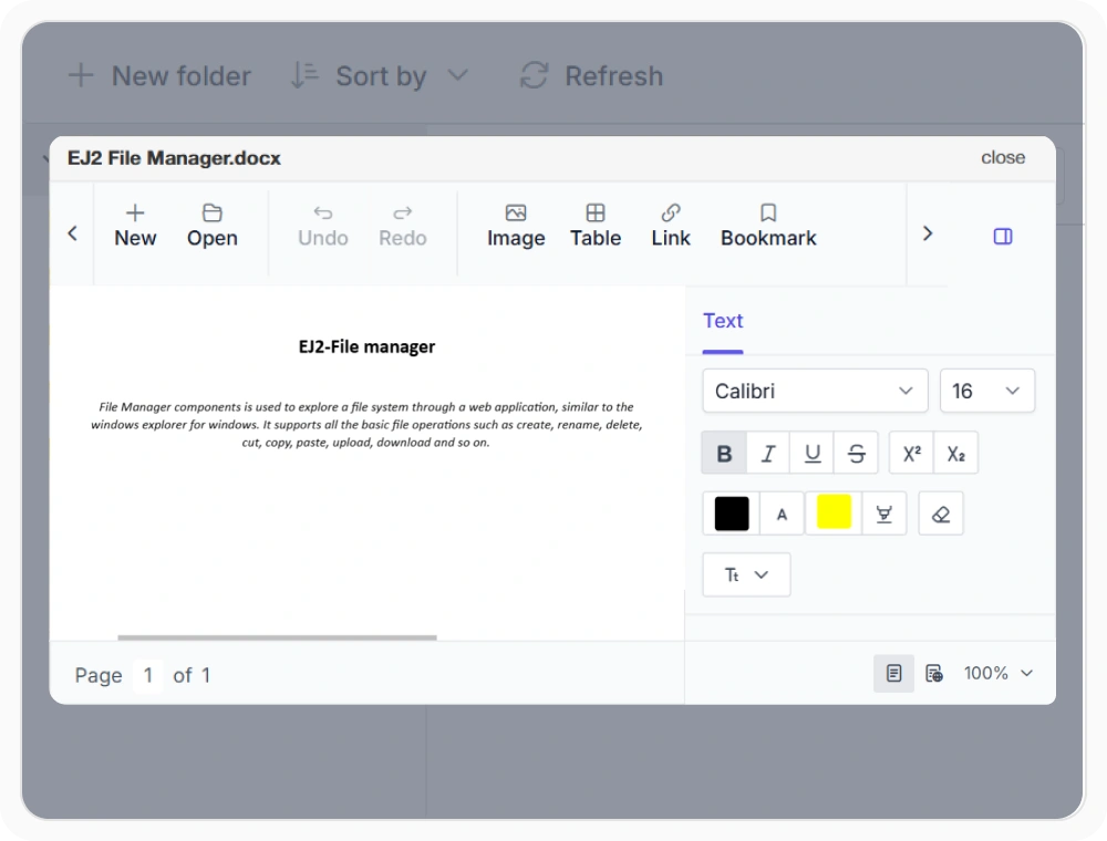 React File Manager with integrated DocumentEditor showing Word document formatting and editing tools