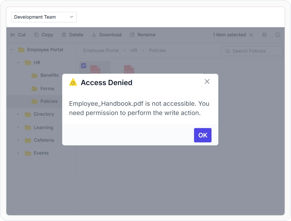 React File Manager showing file-level restrictions applied to individual documents