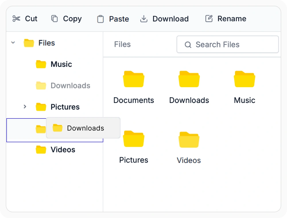 Multiple nested folders being dragged from one parent folder to another in the React File Manager.