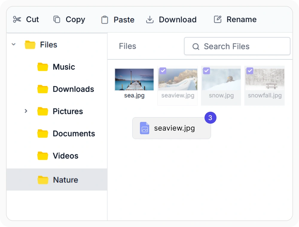 A user selecting multiple folders with checkboxes and dragging them together to a new location in the React File Manager.