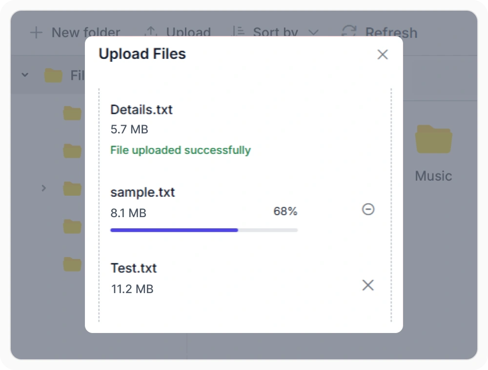 Sequential upload queue display in React File Manager