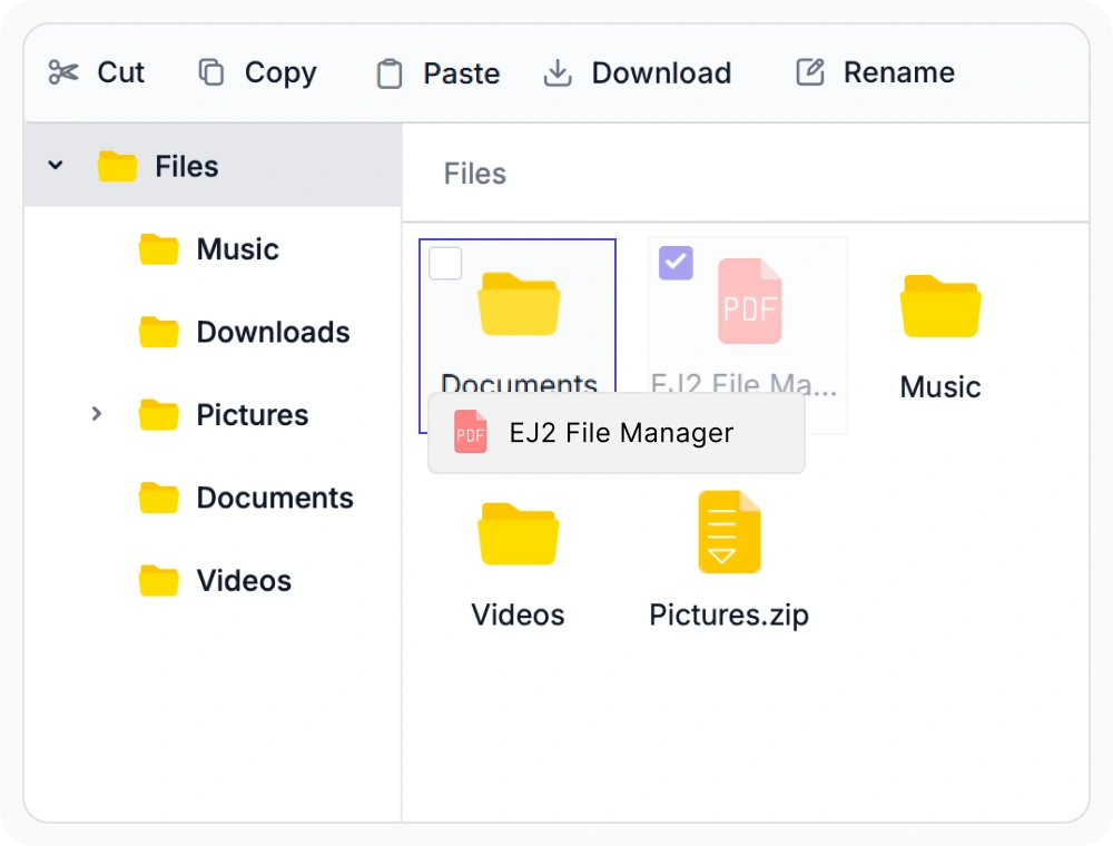 A user dragging a single document file from one folder to another in the React File Manager.