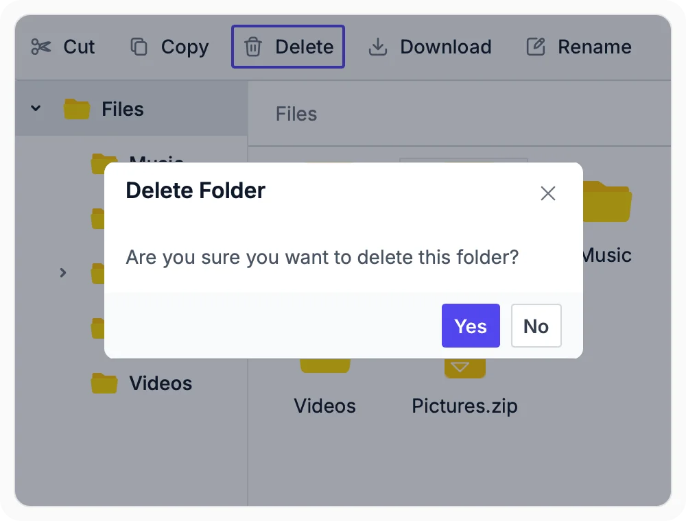 Deleting files safely with confirmation in React File Manager