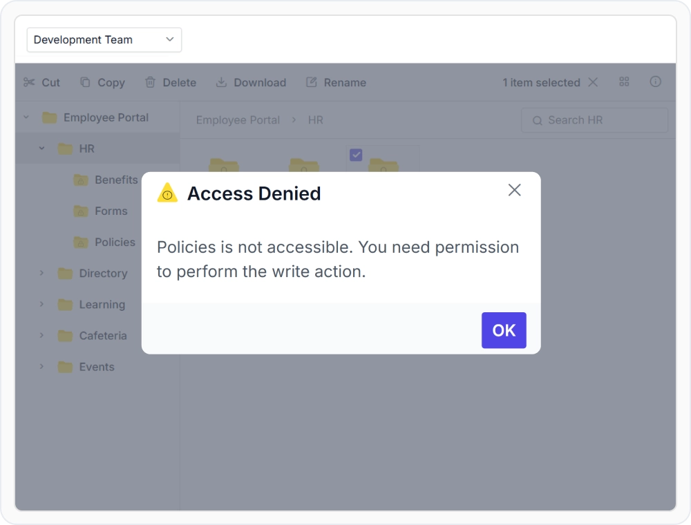React File Manager showing folder-level access restrictions applied to department directories