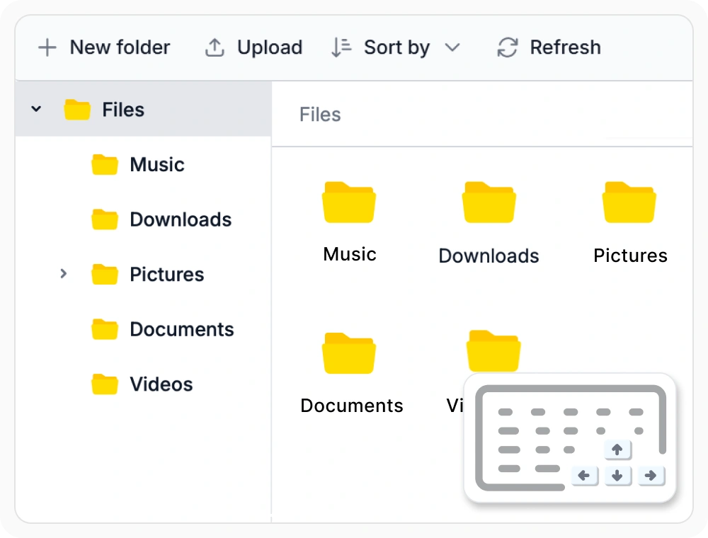 React File Manager with keyboard navigation for folders and commands