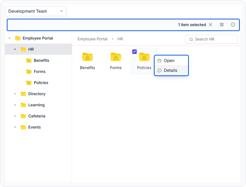 React File Manager showing operation-level permissions restricting delete and download for specific users