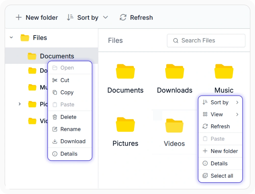 React File Manager context menu showing right-click file options