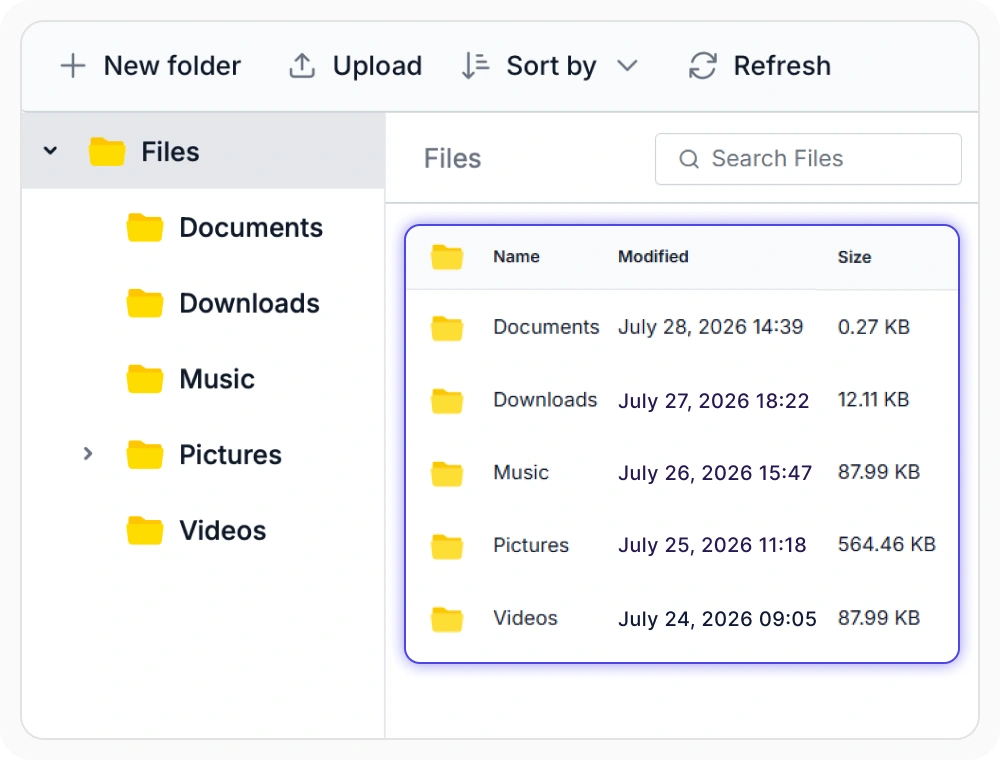 React File Manager Details view showing files in a table with columns for name, type, and size