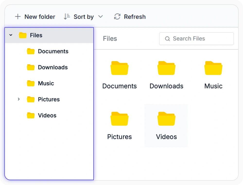 React File Manager with Navigation Pane showing folder hierarchy in a sidebar