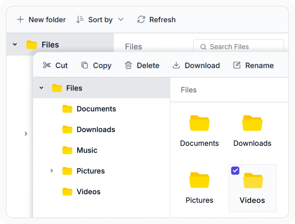 React File Manager toolbar with buttons for create, upload, delete, and view options