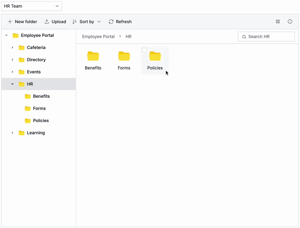 React File Manager showing role-based access control with multiple roles and their permission configurations